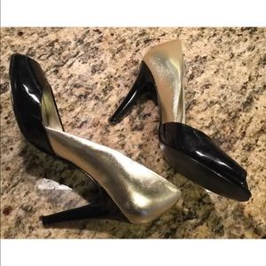 RALPH LAUREN Aralyn GOLD BLACK PEEP HEEL SHOES 7.5